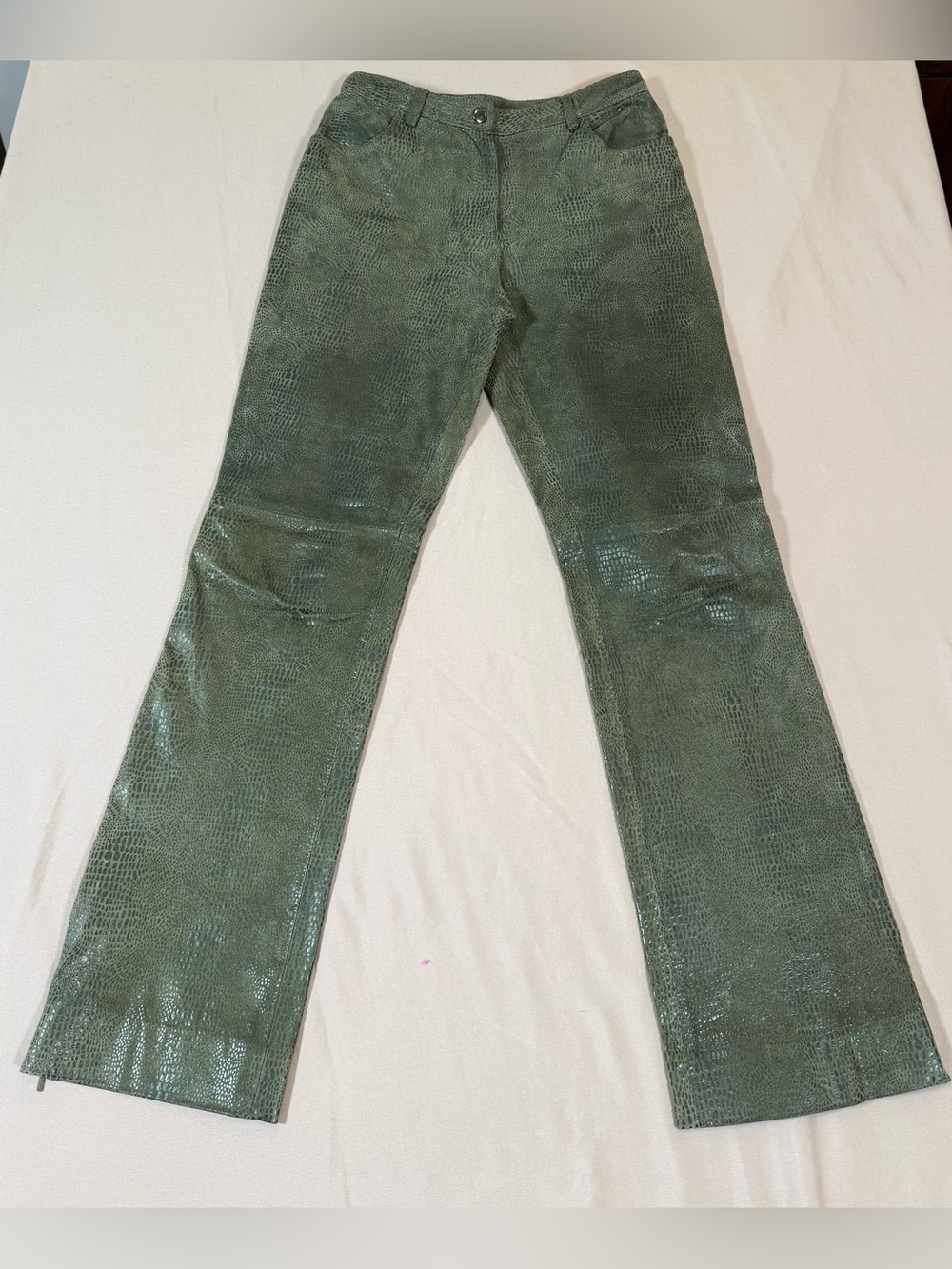 Bebe Y2 K Vintage Leather Green Snakeskin Print Pants, size 2.